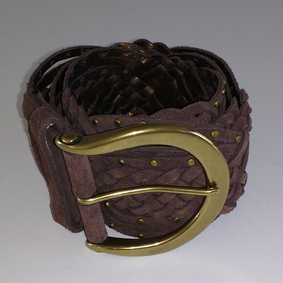 Coldwater Creek Brown Leather Braided Gold-Tone Metal Accented Wide Belt - Picture 2 of 11